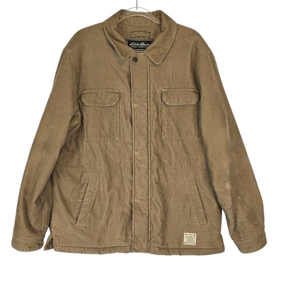 Vintage Eddie Bauer Chore Jacket Tan Corduroy Fleece Lined Mid Length Cotton L